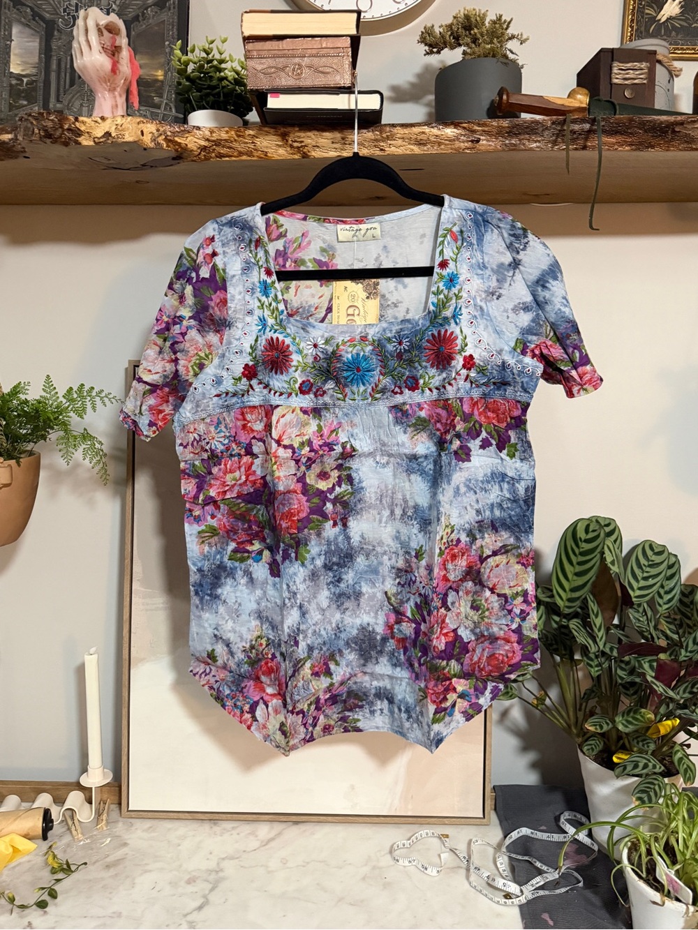 NWT Vintage Goa Cotton Floral Embroidered Square-Neck Top - Blue, Pink, Red